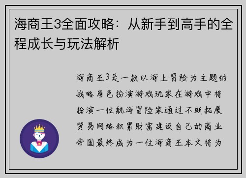 海商王3全面攻略：从新手到高手的全程成长与玩法解析